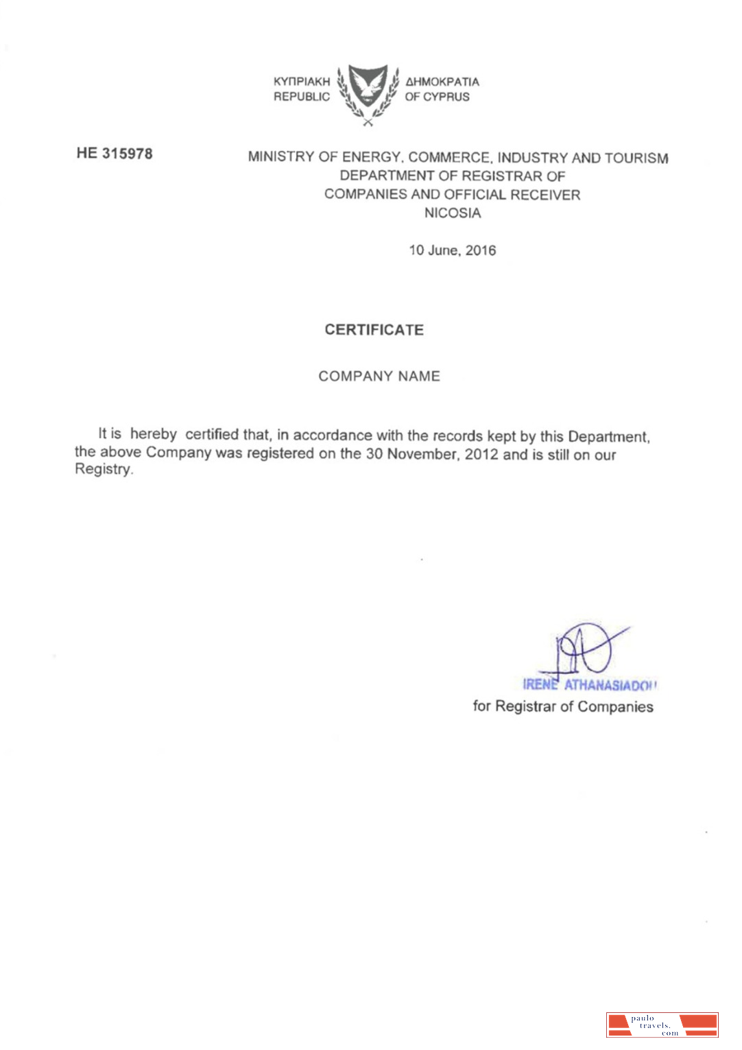 Cyprus Certificate of Registration